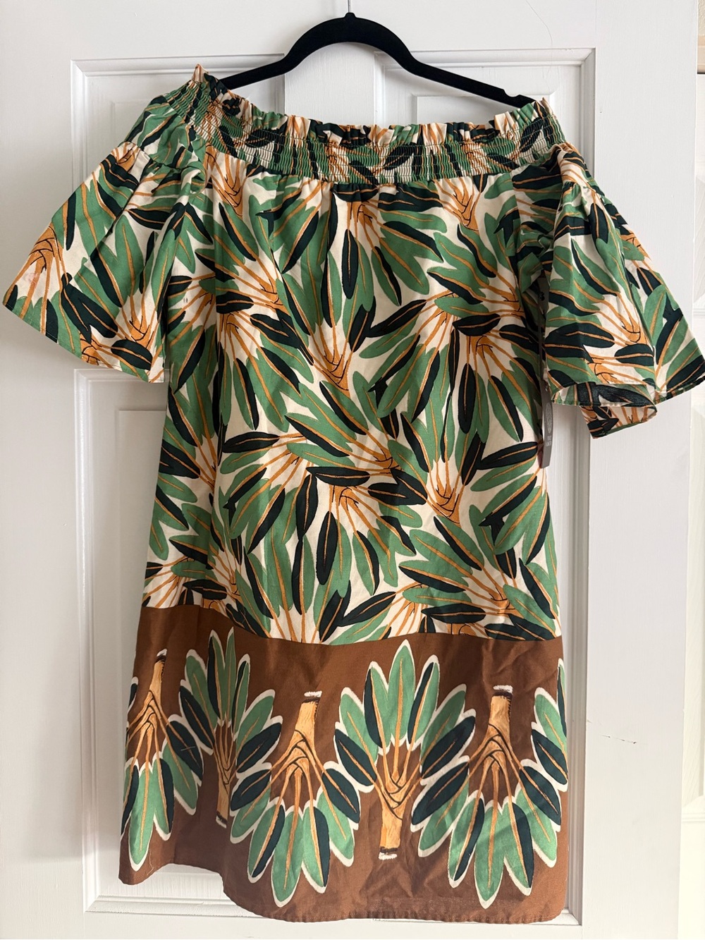Vince Camuto Green Black Brown Leaf-Print Off-Shoulder Midi Dress